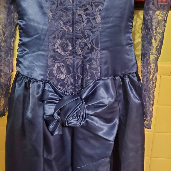 Vintage Royal Blue 80s Long Sleeve Lace A Line Prom Party Dress Women's Size 12 - Picture 8 of 15